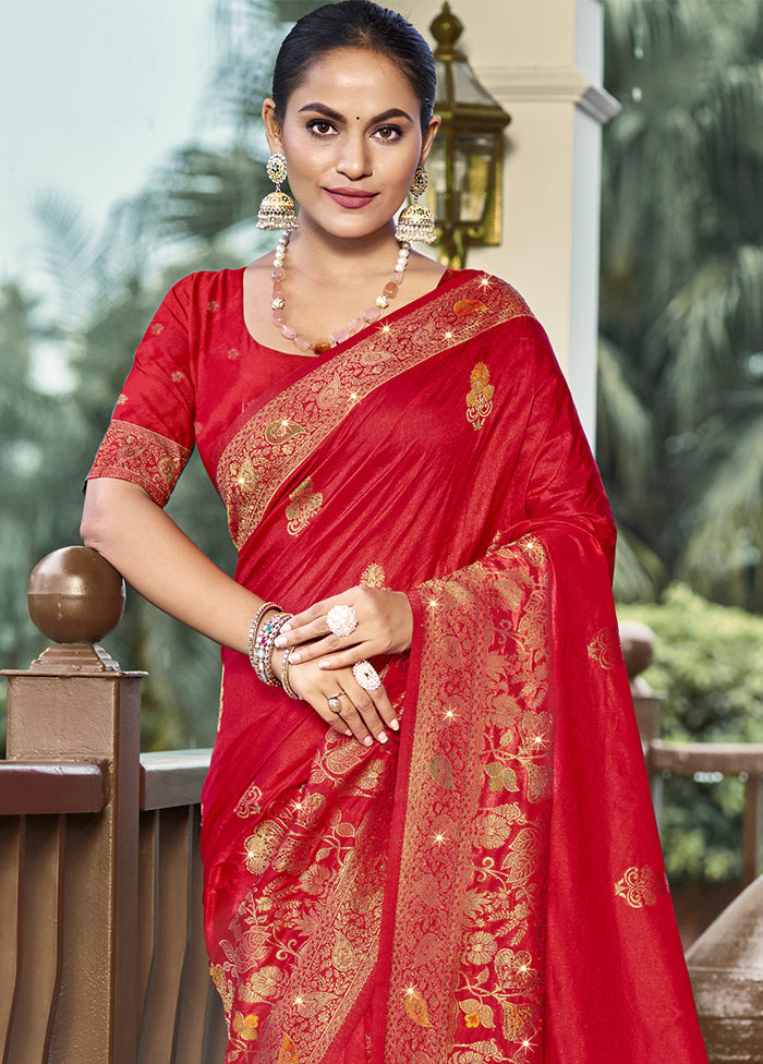 Red Dupion Silk Saree With Blouse Piece