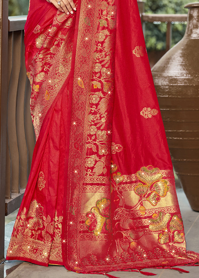 Red Dupion Silk Saree With Blouse Piece