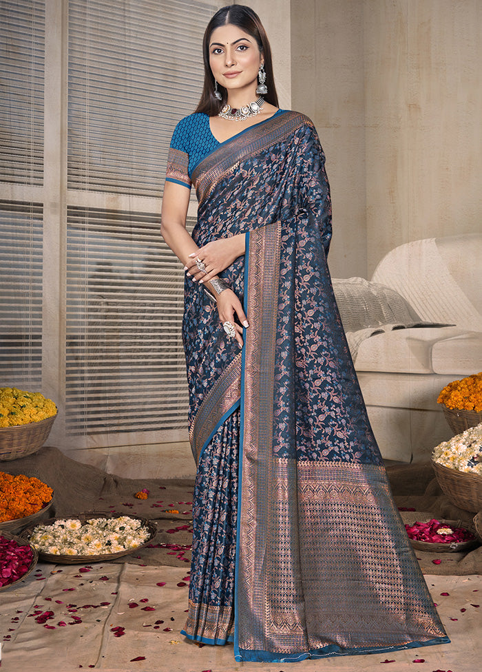 Blue Spun Silk Saree With Blouse Piece