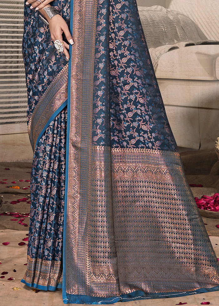 Blue Spun Silk Saree With Blouse Piece