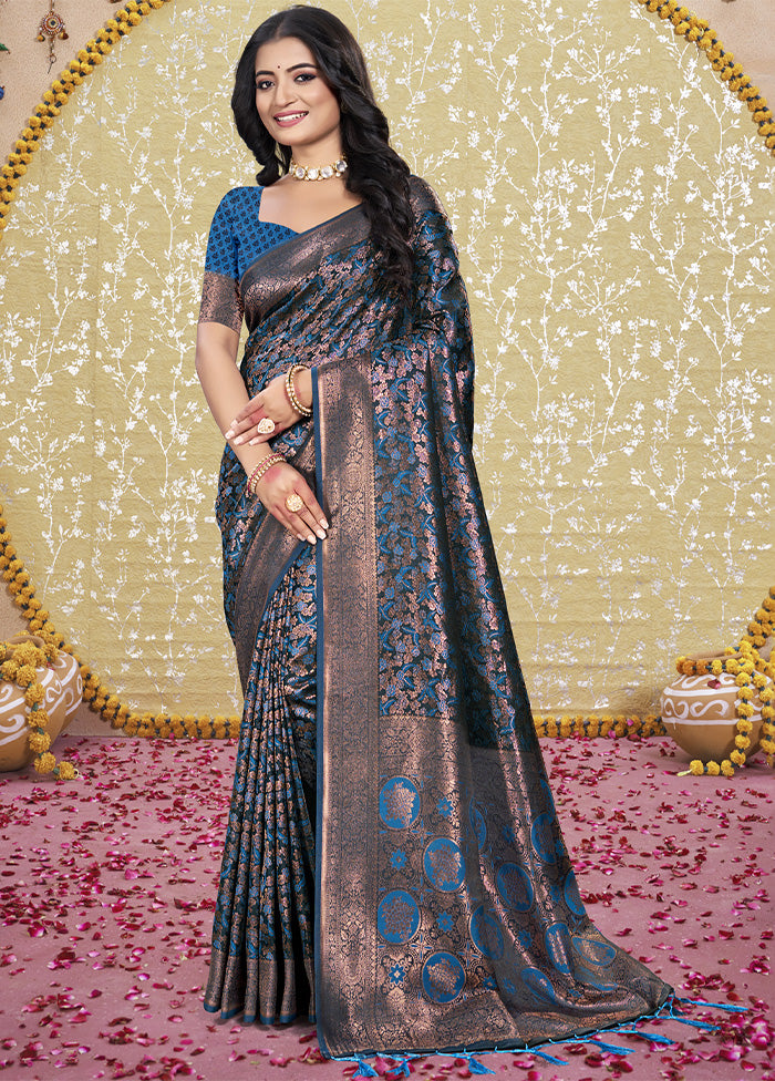 Blue Spun Silk Saree With Blouse Piece