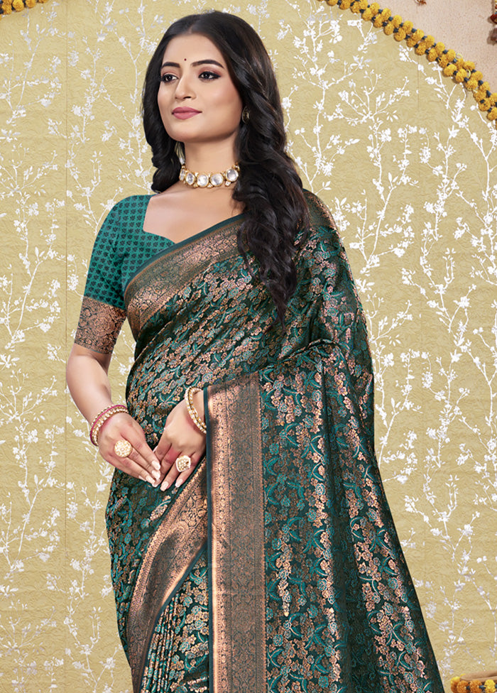 Rama Green Spun Silk Saree With Blouse Piece