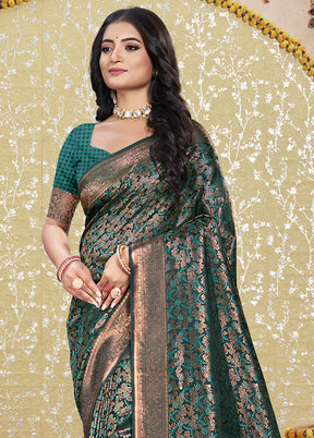 Rama Green Spun Silk Saree With Blouse Piece