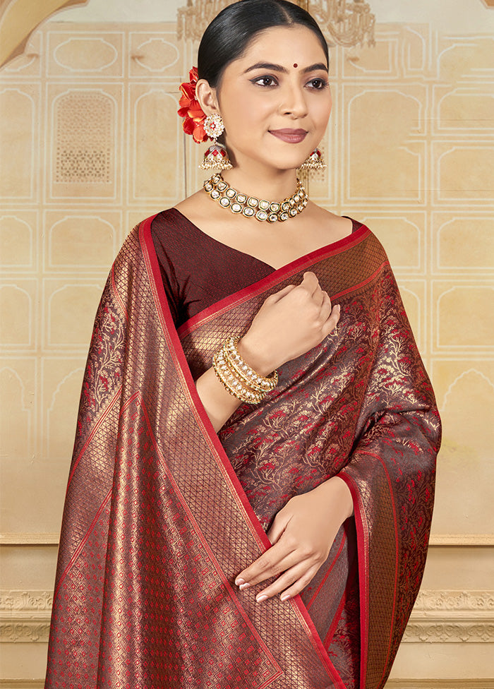 Maroon Spun Silk Saree With Blouse Piece