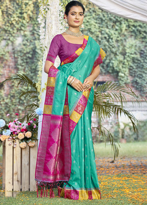 Teal Green Dupion Silk Saree With Blouse Piece