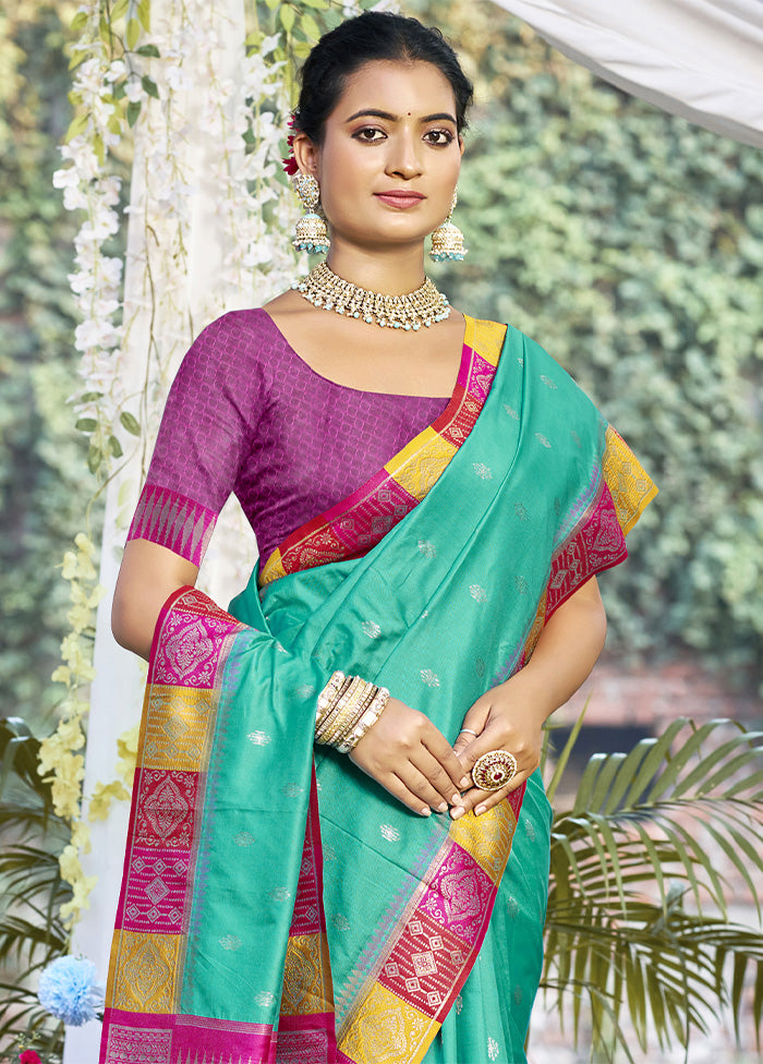 Teal Green Dupion Silk Saree With Blouse Piece