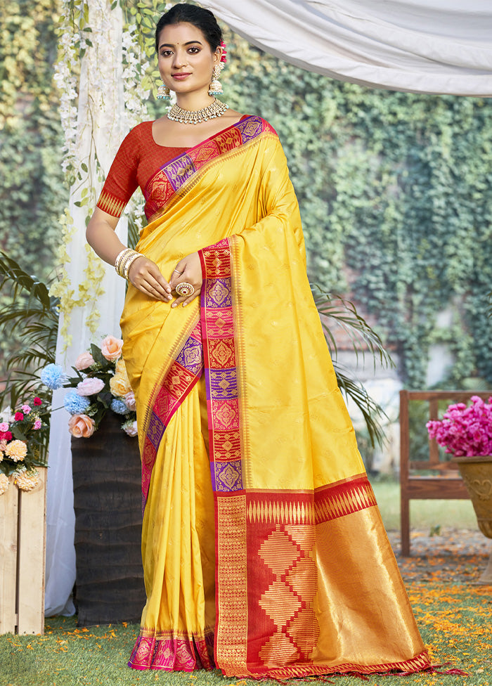 Yellow Dupion Silk Saree With Blouse Piece