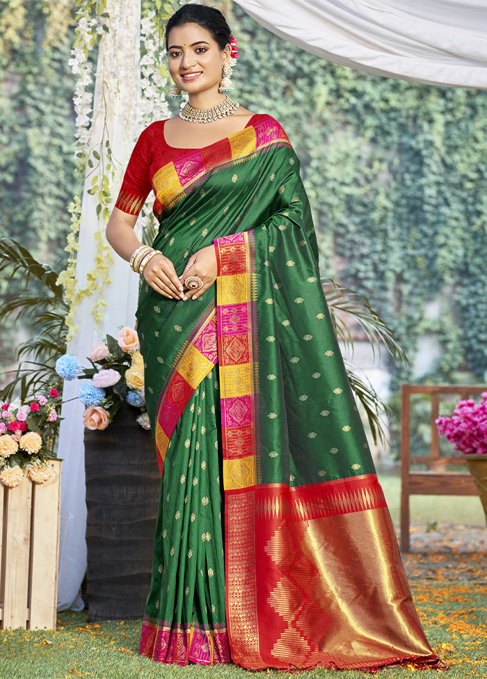 Dark Green Dupion Silk Saree With Blouse Piece