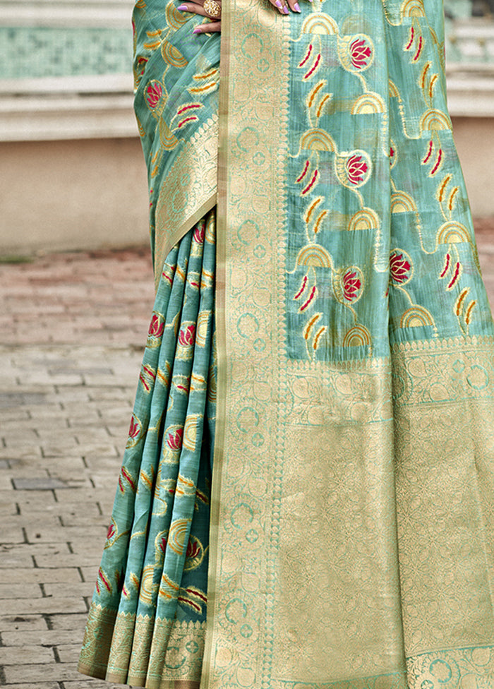 Teal Blue Organza Saree With Blouse Piece