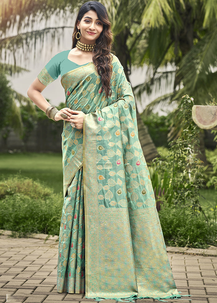 Teal Blue Organza Saree With Blouse Piece