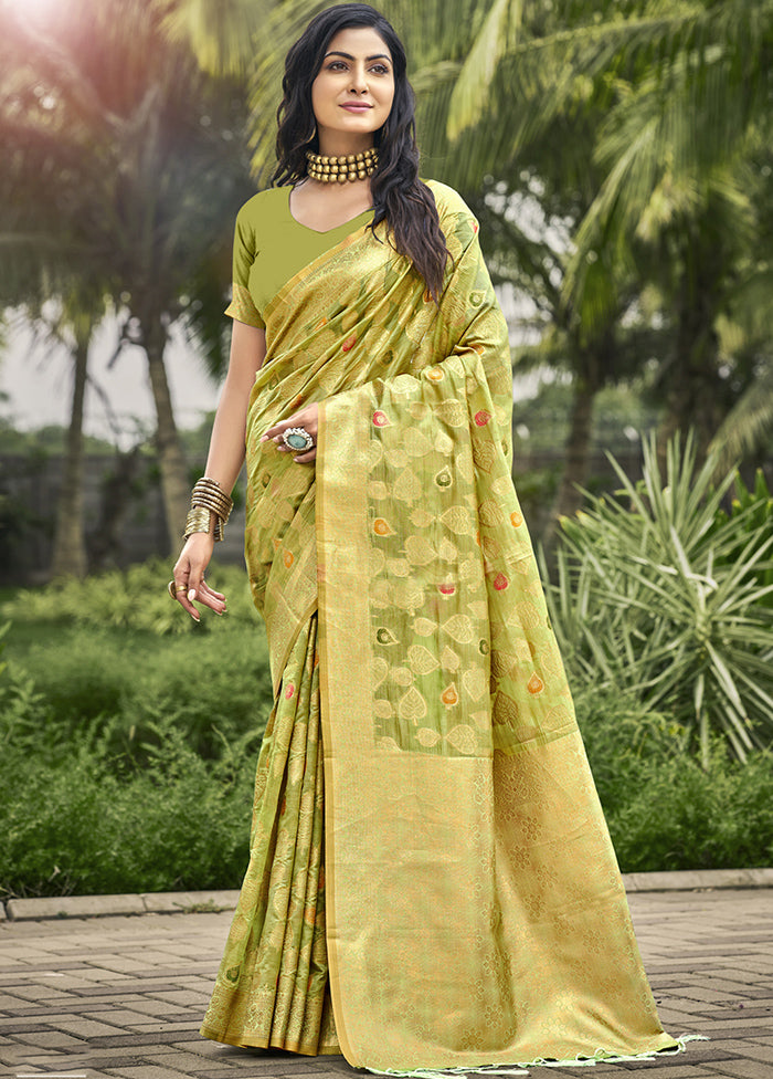 Olive Green Organza Saree With Blouse Piece