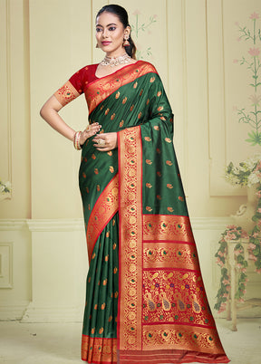 Bottle Green Dupion Silk Saree With Blouse Piece