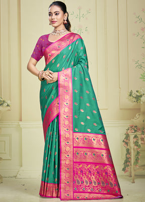 Teal Green Dupion Silk Saree With Blouse Piece