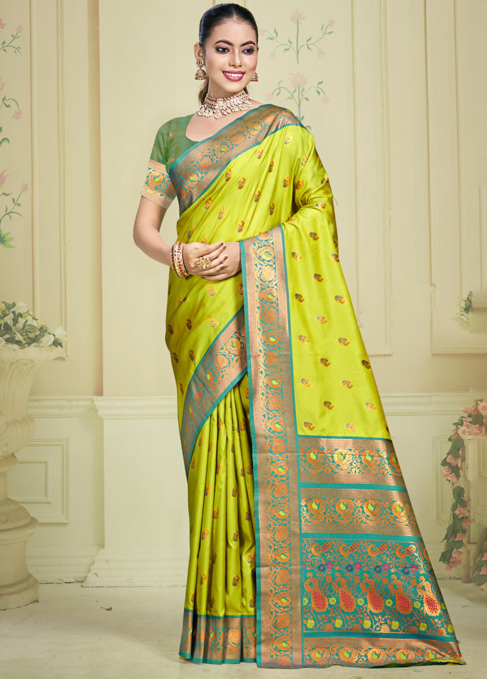 Parrot Green Dupion Silk Saree With Blouse Piece