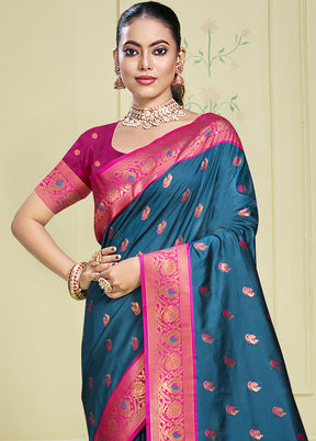 Blue Dupion Silk Saree With Blouse Piece