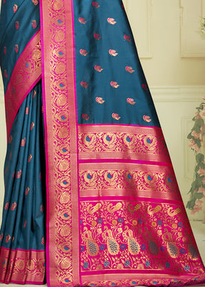 Blue Dupion Silk Saree With Blouse Piece