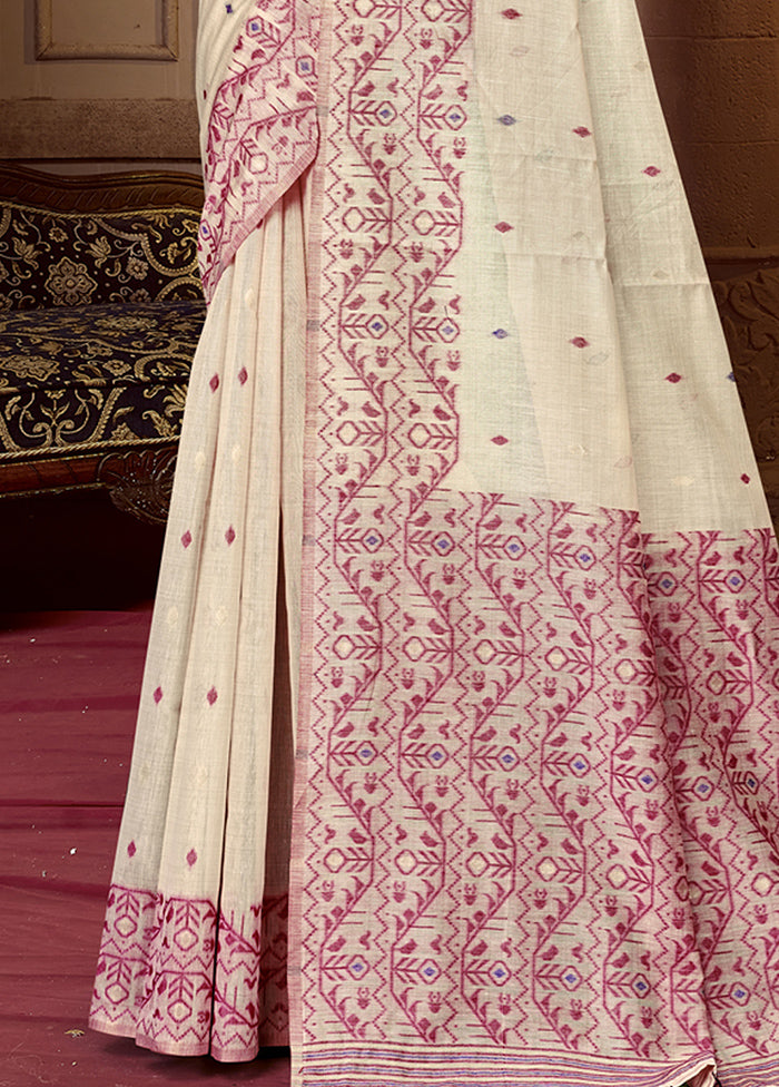 Cream Cotton Saree With Blouse Piece