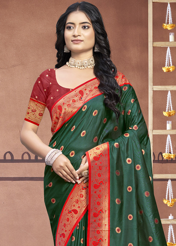 Bottle Green Dupion Silk Saree With Blouse Piece