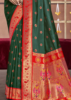 Bottle Green Dupion Silk Saree With Blouse Piece