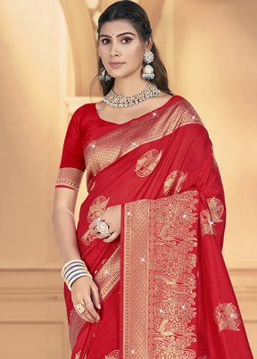 Red Spun Silk Saree With Blouse Piece