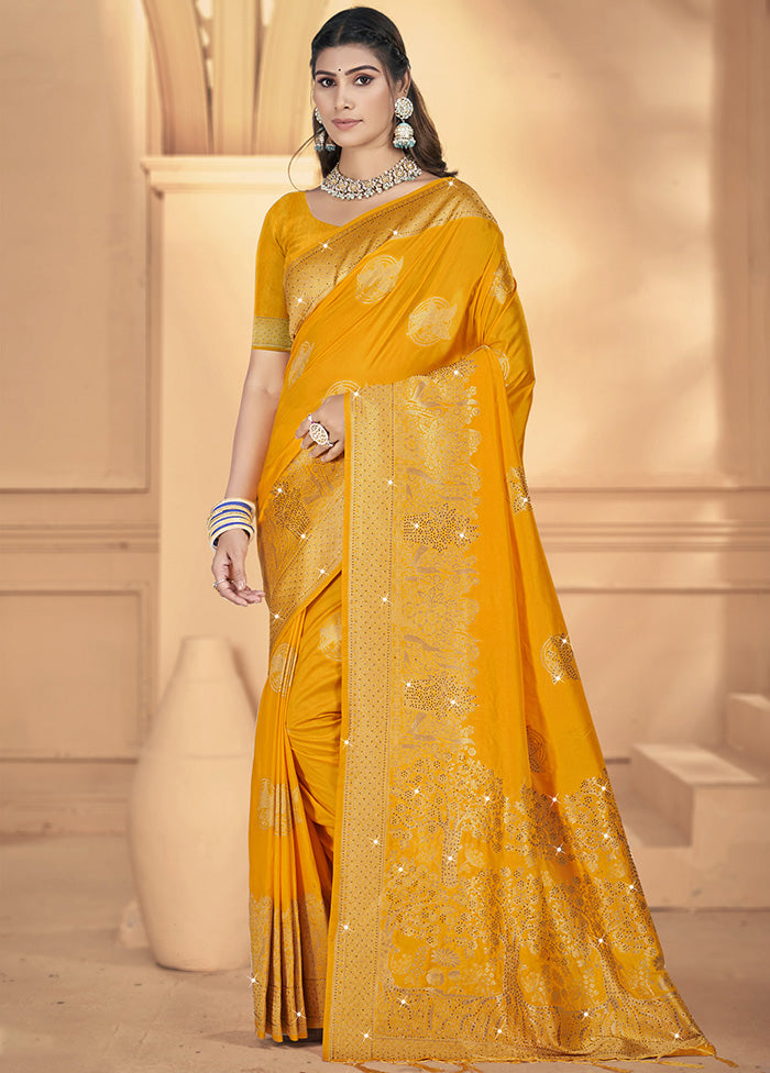 Yellow Spun Silk Saree With Blouse Piece