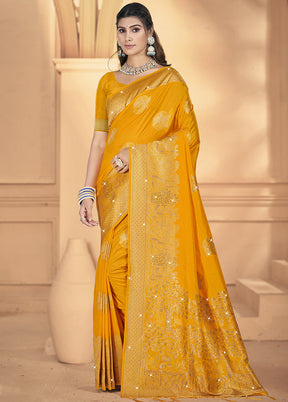 Yellow Spun Silk Saree With Blouse Piece