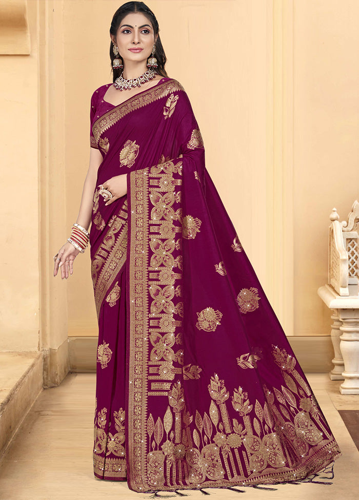 Wine Spun Silk Saree With Blouse Piece