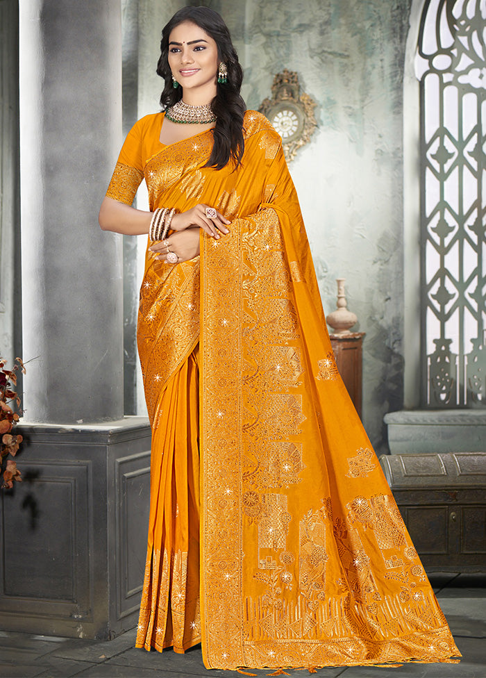 Yellow Spun Silk Saree With Blouse Piece