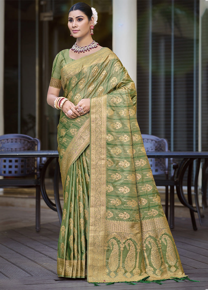 Green Satin Silk Saree With Blouse Piece