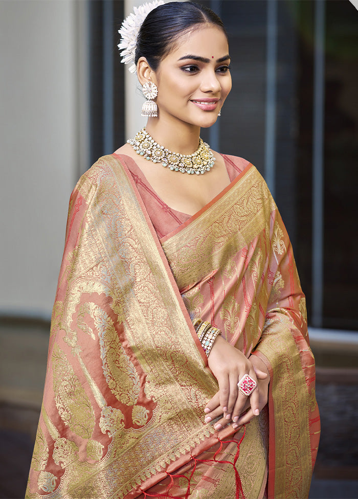 Peach Satin Silk Saree With Blouse Piece