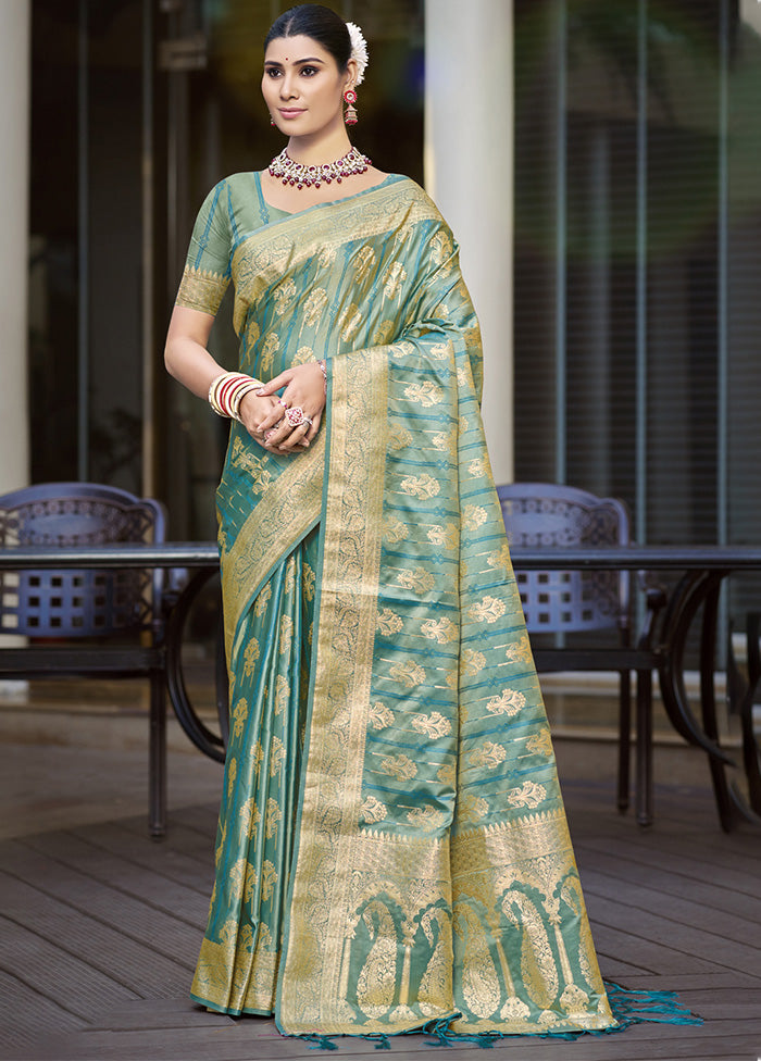 Sea Green Satin Silk Saree With Blouse Piece