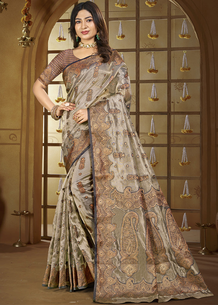 Grey Spun Silk Saree With Blouse Piece