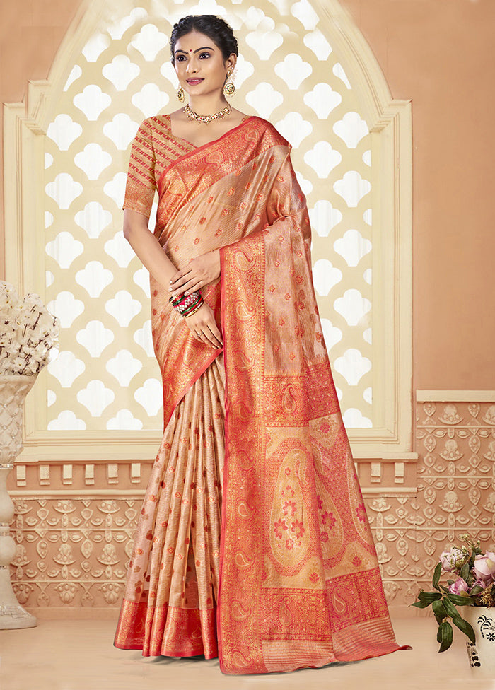 Peach Dupion Silk Saree With Blouse Piece