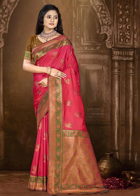 Dark Pink Dupion Silk Saree With Blouse Piece