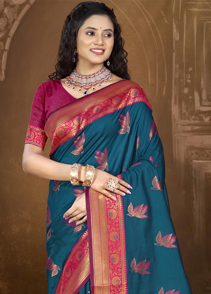 Blue Dupion Silk Saree With Blouse Piece