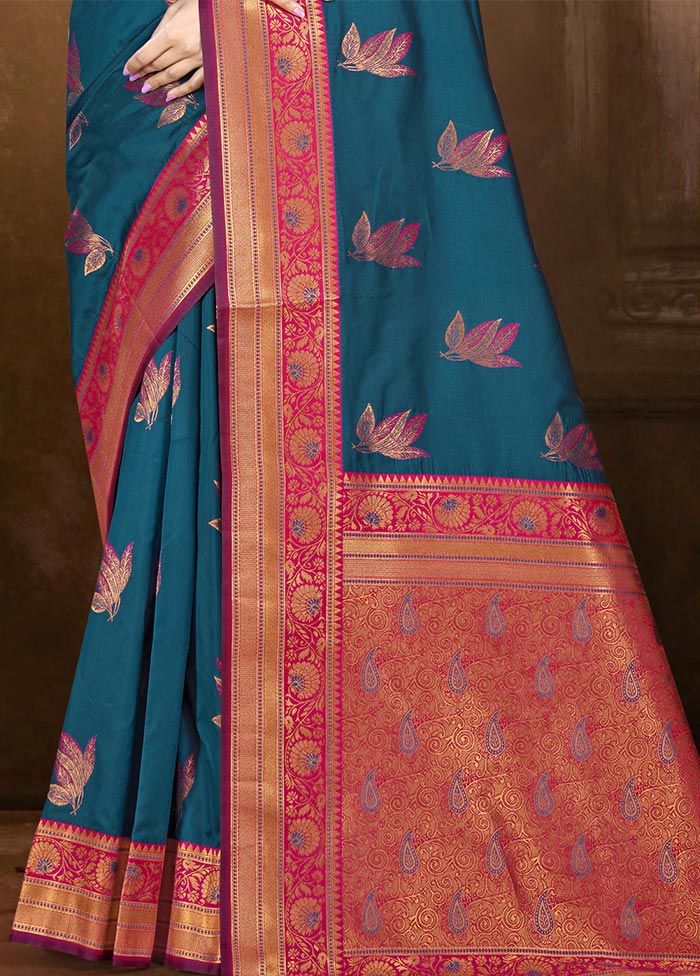 Blue Dupion Silk Saree With Blouse Piece