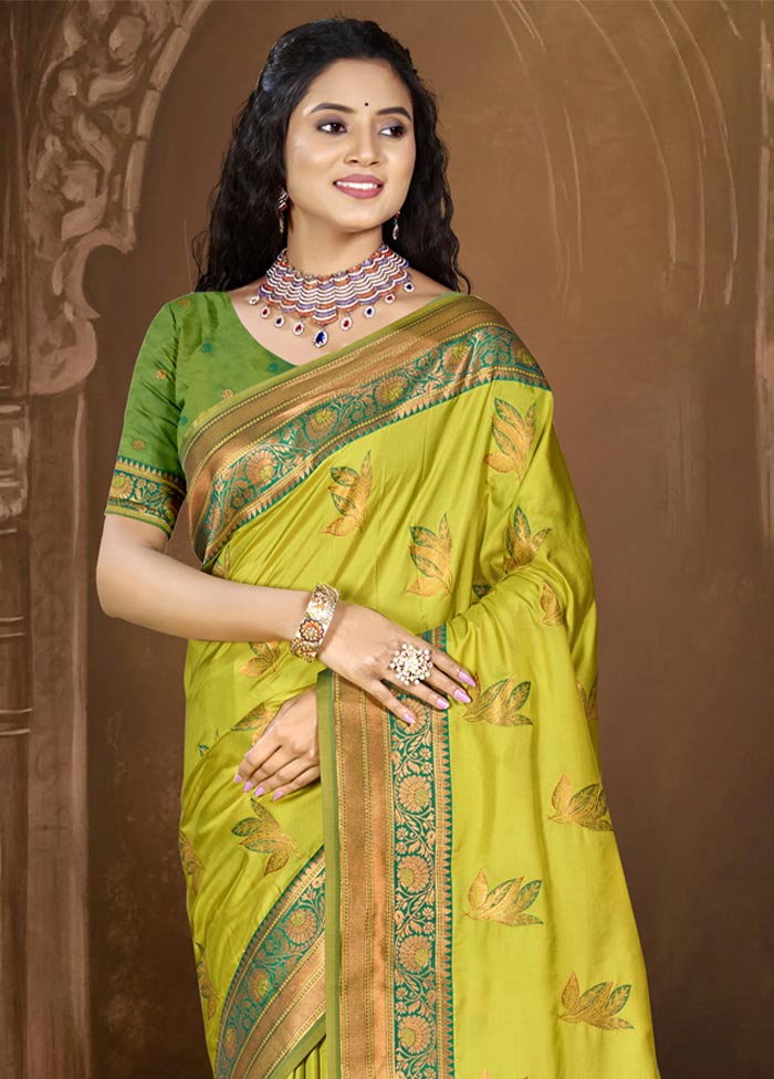 Parrot Green Dupion Silk Saree With Blouse Piece