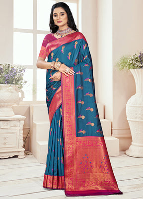 Blue Dupion Silk Saree With Blouse Piece