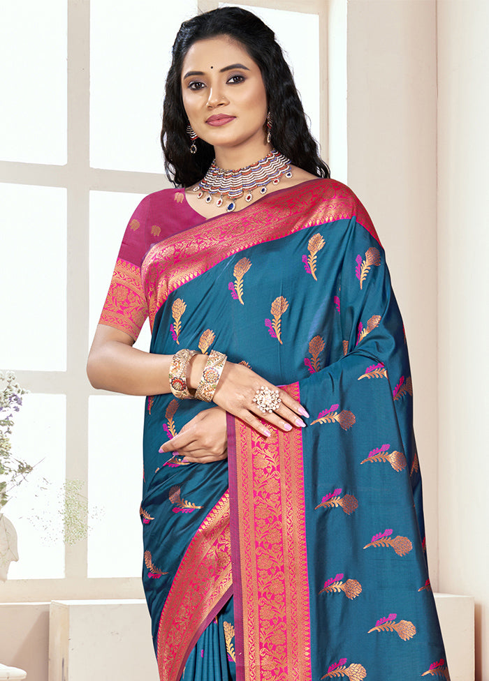 Blue Dupion Silk Saree With Blouse Piece