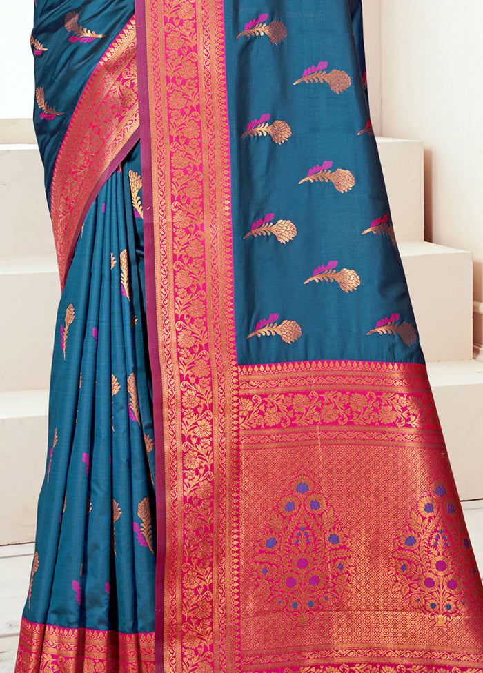 Blue Dupion Silk Saree With Blouse Piece