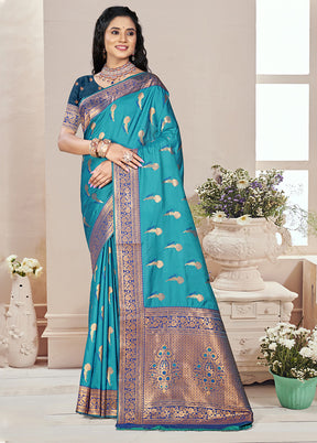 Blue Spun Silk Saree With Blouse Piece