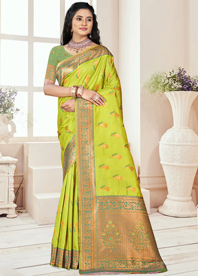 Parrot Green Dupion Silk Saree With Blouse Piece