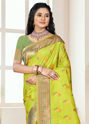 Parrot Green Dupion Silk Saree With Blouse Piece