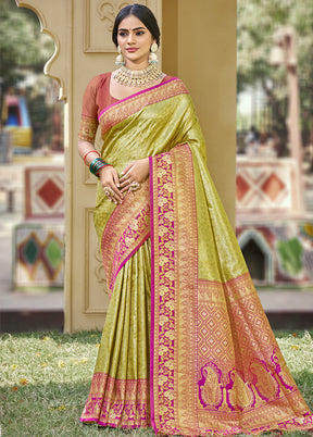 Mehendi Spun Silk Saree With Blouse Piece