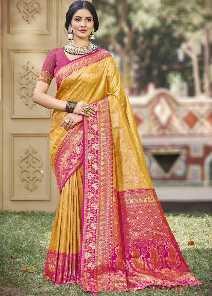 Yellow Spun Silk Saree With Blouse Piece