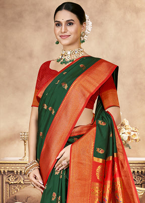 Green Spun Silk Saree With Blouse Piece