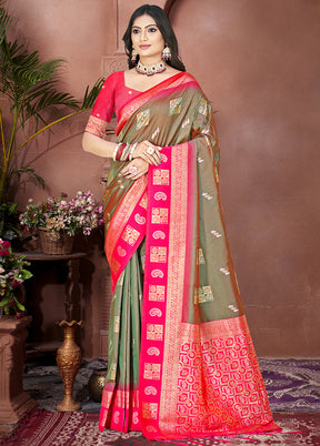 Olive Green Dupion Silk Saree With Blouse Piece