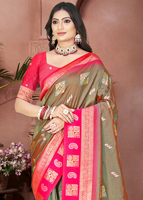 Olive Green Dupion Silk Saree With Blouse Piece