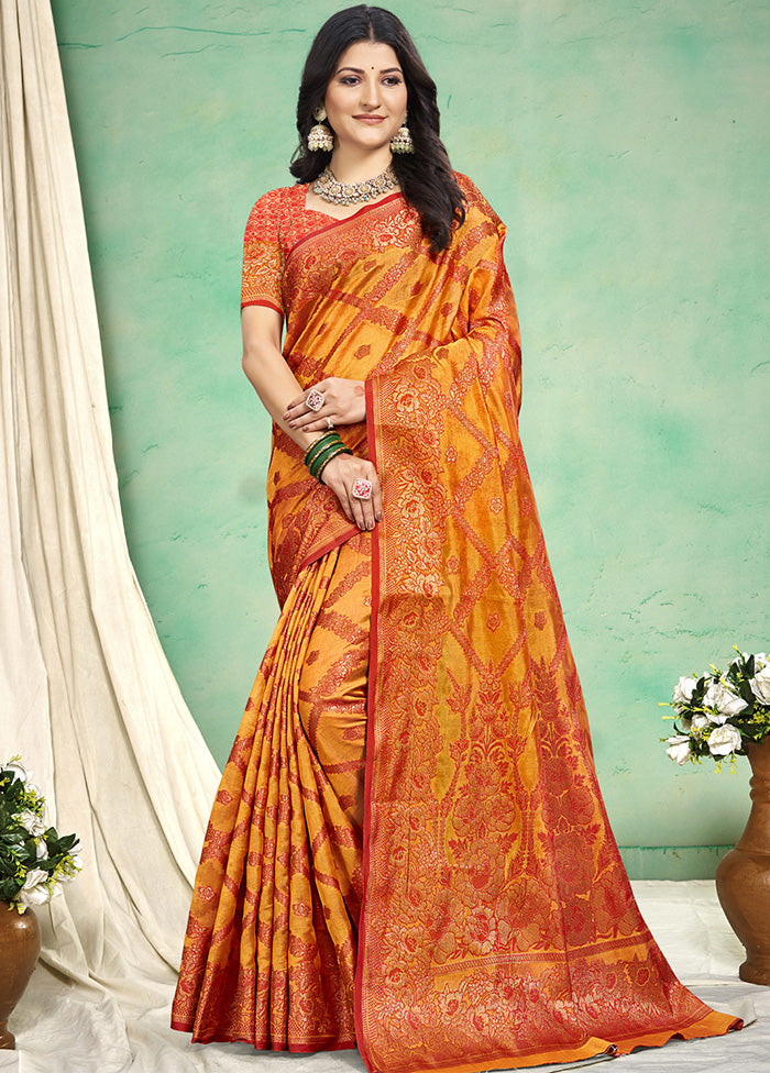 Yellow Spun Silk Saree With Blouse Piece