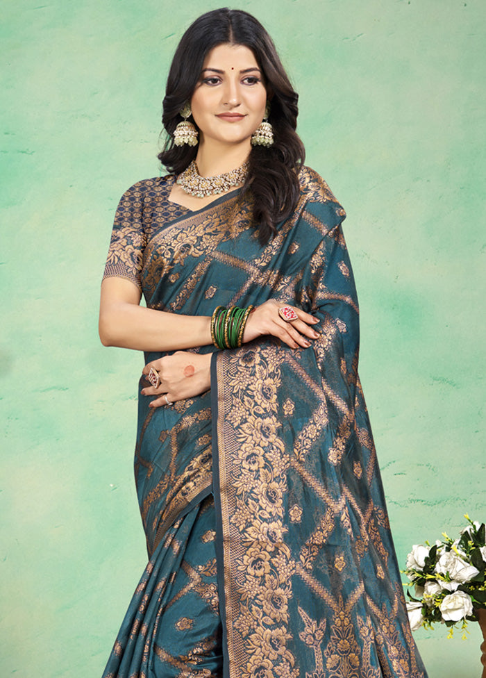 Blue Spun Silk Saree With Blouse Piece